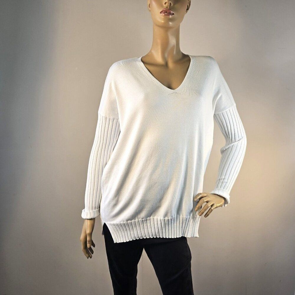 Metric Knits White Sweater V-Neck Long Ribbed Sleeves Ribbed Hem Oversized Sz M